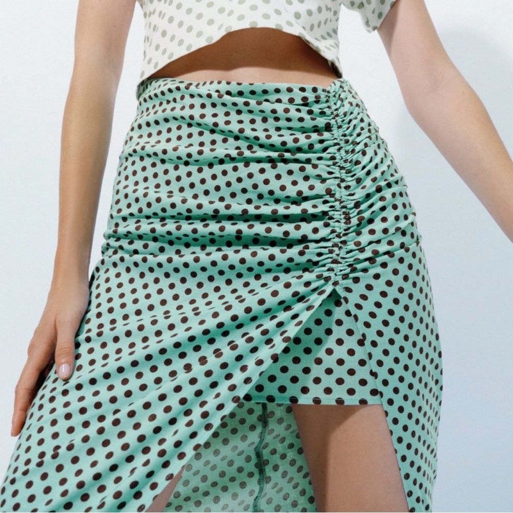 Zara Mint and Black Polka Dot High-Low Skirt
